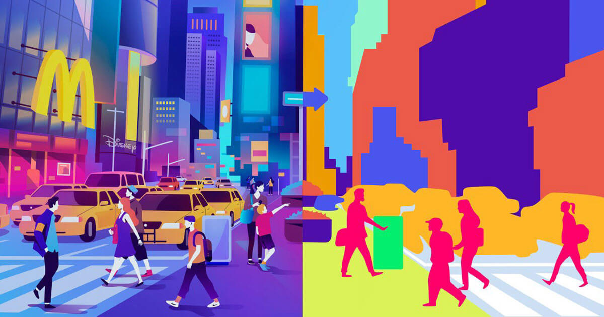 Illustration showing how image detection technology at work in a busy city intersection